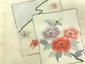 アンティーク　絽　色紙に牡丹模様刺繍名古屋帯